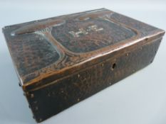 AN ARTS & CRAFTS STYLE COPPER COVERED CIGAR BOX having stylized trees flanking the letters 'H.E',