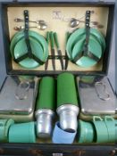 A VINTAGE HARLEQUIN PICNIC CASE with contents