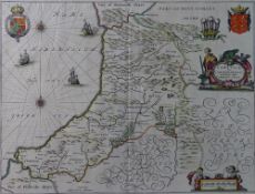 JAN JANSSON a coloured and tinted map of Cardiganshire, mounted but unframed, 39 x 51.5cms