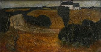 UNKNOWN ANGLESEY SCHOOL oil on board - landscape with whitewashed cottages, winding lane and hedges,