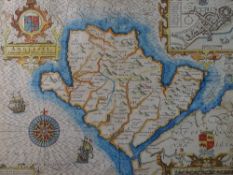 JOHN SPEED a coloured and tinted map of Anglesey, Bassett and Chiswell edition, 38.5 x 51cms