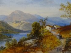 JAMES BURRELL SMITH watercolour - Snowdonia landscape with cottages and figures on a path, signed