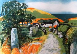 JOHN ELWYN limited edition (222/260) coloured print - farm scene with cattle and sea beyond,