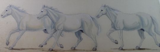 CHARLES FREDERICK TUNNICLIFFE early watercolour/gouache on silk - three cantering white ponies,