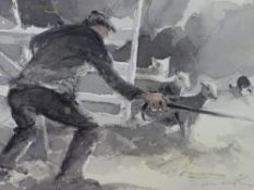 WILLIAM SELWYN watercolour - a farmer and his dog penning sheep, signed in full, 19.5 x 28cms