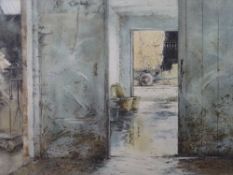 GERRY BALL watercolour - interior farm dairy scene, signed and entitled on original label verso '