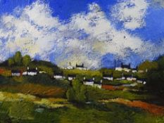 STEPHEN JOHN OWEN acrylic on board - Welsh hillside cottages, monogrammed, 38 x 50cms
