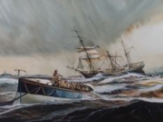BRIAN ENTWISTLE watercolour - a lifeboat 'The Thomas Bingham' on its way to aid a threemaster 'The