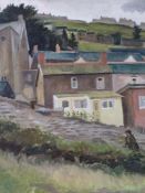 GEORGE CHAPMAN oil on board - urban scene with figure, signed with initials and entitled label verso