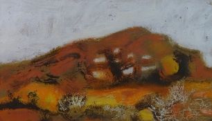 GWILYM PRICHARD oil acrylic - semi-abstract with mountains, signed, 24.5 x 42.5 cms