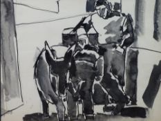 JOSEF HERMAN colourwash - two men shoeing a donkey, unsigned, 16.5 x 21.5 cms