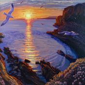 PETER WINSTANLEY oil on board - 'Sunset over Holy Island', signed, entitled and dated label verso