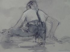 WILLIAM SELWYN coloured print - kneeling fisherman hauling in a net, printed signature, 14 x 20cms