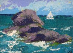 GWILYM PRICHARD oil on canvas - coastal scene with white sailing boat, signed with initials and