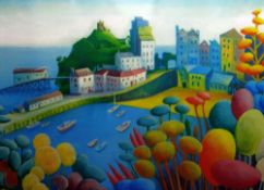 RALPH SPILLER watercolour - colourful coastal town with boats, 29 x 39cms