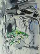 IWAN BALA mixed media on paper - map of Wales with vegetation and traditional Welsh hat entitled '