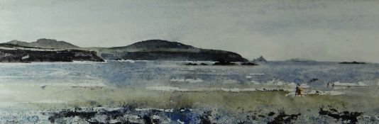 JOHN KNAPP FISHER watercolour - figures walking and children playing on a Pembrokeshire beach,