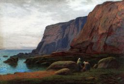 JOSEPH KNIGHT watercolour - two females working on a beach, entitled verso 'Collecting Seaweed',