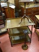 AN OAK BARLEY TWIST THREE TIER SIDE TABLE, a reproduction mahogany wine table and an oak barley