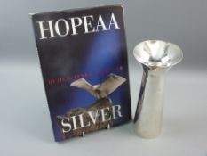 A STYLISH DESIGNER HALLMARKED SILVER VASE with flared rim and hammered decoration, London 1991 and