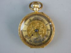 AN EIGHTEEN CARAT GOLD ENCASED LADY'S FOB WATCH with floral chased back and decorative dial (some