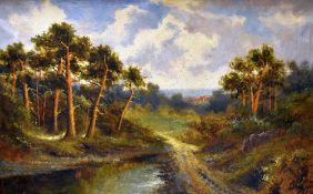 HENRY COOPER oil on canvas - river running through woodland with distant red roofed house, signed,