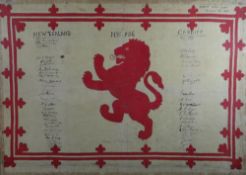 A CLOTH ROYAL STANDARD OF SCOTLAND inscribed by hand to commemorate New Zealand v Cardiff played