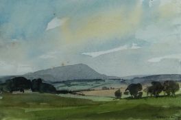 AUBREY R. PHILLIPS watercolour - fields with distant mountains, signed and dated '85, 19 x 28cms