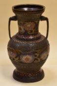 A JAPANESE MEIJI CLOISONNE & BRONZE VASE having twin-handled beast handles, 36cms high