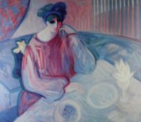 BARBARA WOOD limited edition (372/975) print - lone female seated at dining table, signed, 64 x