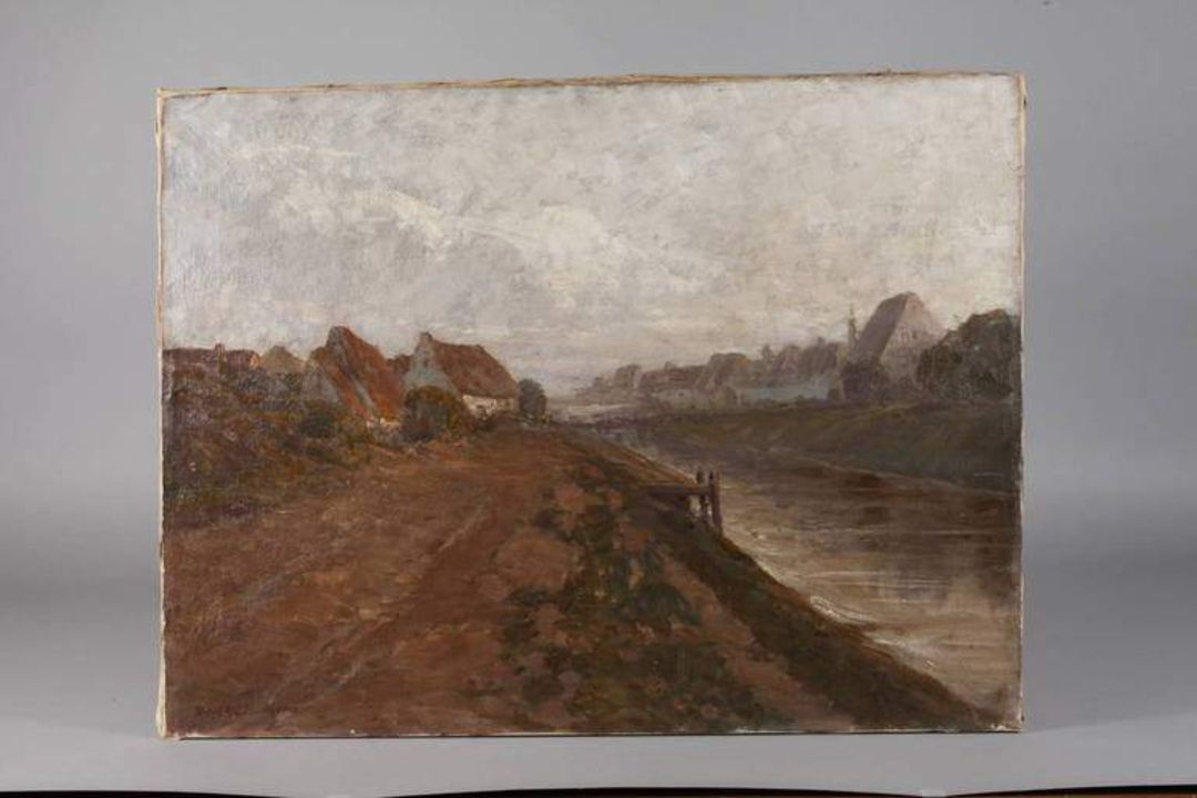 Robert Haag, Landschaft mit Kanal Häuser an begradigtem Gewässer in weiter flacher Landschaft - Bild 4 aus 4