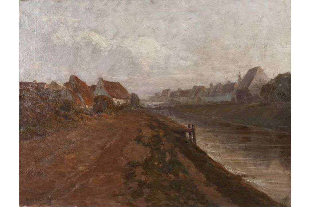 Robert Haag, Landschaft mit Kanal Häuser an begradigtem Gewässer in weiter flacher Landschaft - Bild 1 aus 4