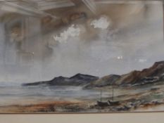 Framed watercolour, coastal scene