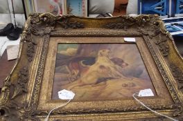 Framed painting on copper depicting two hounds