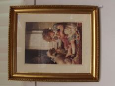 Gilt framed print, depicting young girl playing