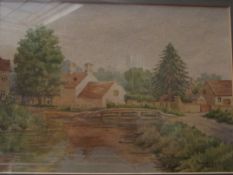 Framed watercolour, river scene, signed E Burrows