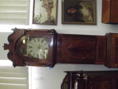 19th century mahogany long case clock, painted dia