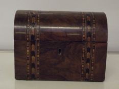 Victorian Tunbridge style tea caddy in walnut, hinged domed lid enclosing two compartments