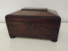 Early 19th century rosewood tea caddy, sarcophagus form with bead and reed detail and ring pull