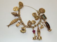 9ct gold charm bracelet with 15 charms, locket and