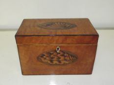 Early 19th century satinwood tea caddy with shell motif inlay, rectangular form, hinged lid
