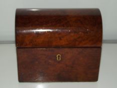 19th century burr walnut tea caddy, hinged and domed lid enclosing two compartments