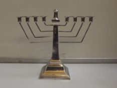 Silver Menorah, angled arms above a tapering stem