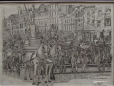 Framed pencil drawing, Piccadilly scene, signed Th