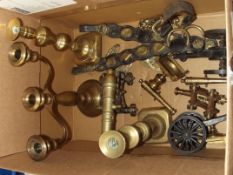 Assorted brassware to include a desk cannon, candl