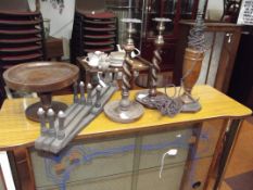 Various treen to include a pair of barley twist ca