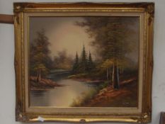 Framed oil on canvas, river scene
