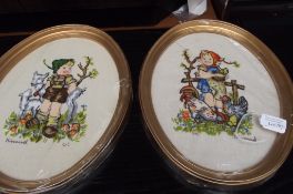 Pair of framed Hummel embroidery, with initials SM