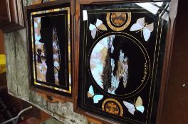 Two serving trays inlaid with butterfly wings