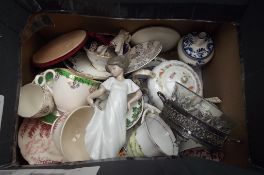 Large box of ceramics to include a Nao figure of a